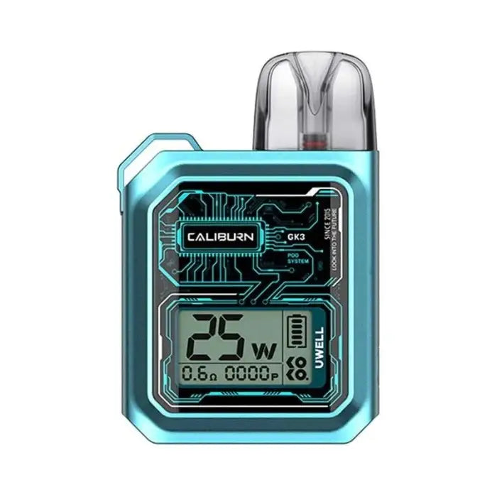 Teal-colored electronic vaping device with a digital display showing wattage and other settings.