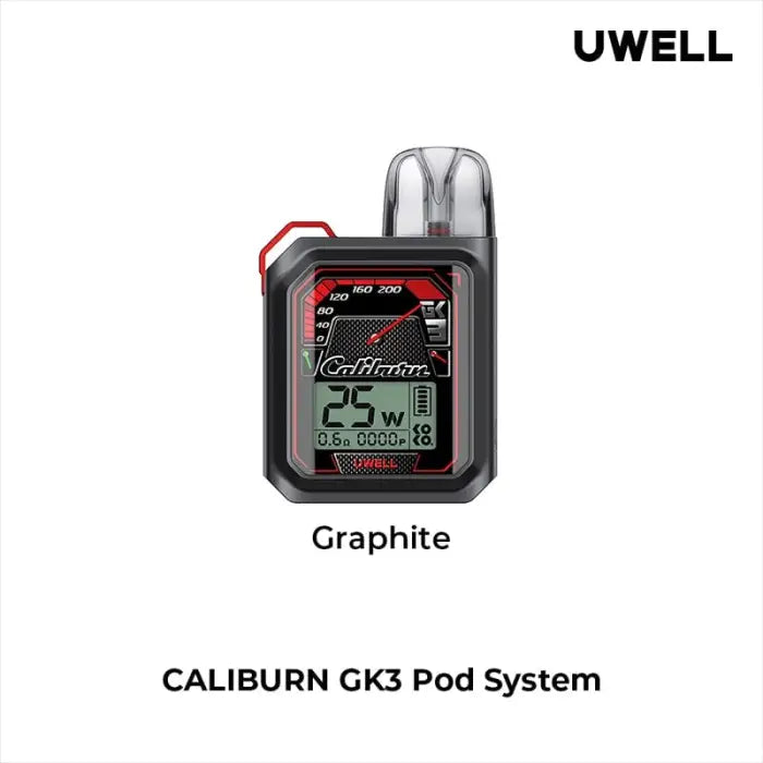 Electronic vaping device with a digital display showing wattage and other settings.