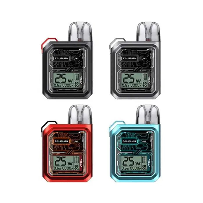 Electronic vaping devices with digital displays in four different colors: black, silver, red, and teal.