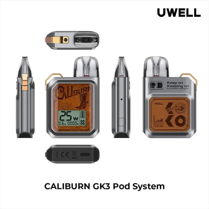 Electronic vaping device with multiple components and a digital display screen.