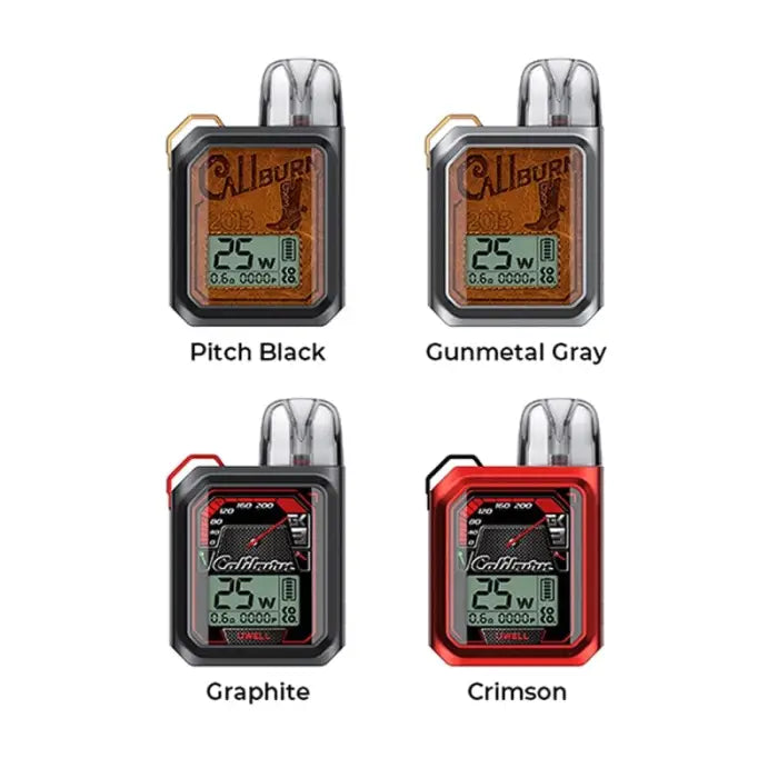 Electronic vaping devices shown in four different color options: Pitch Black, Gunmetal Gray, Graphite, and Crimson.