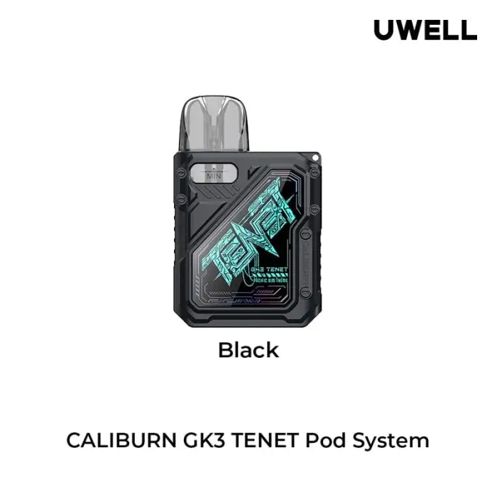 Black electronic vaping device with a digital display showing ’TENET’ in green text.