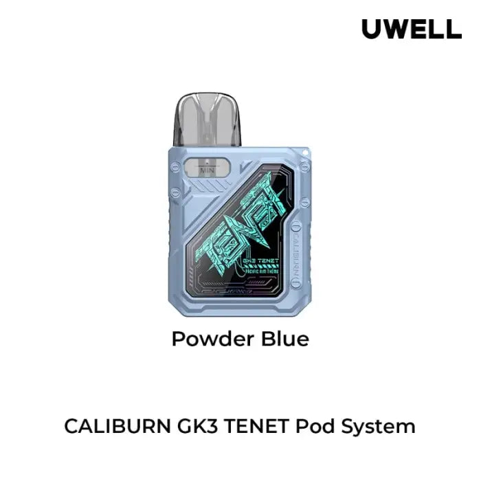 Powder blue electronic vaping device with a digital display screen.