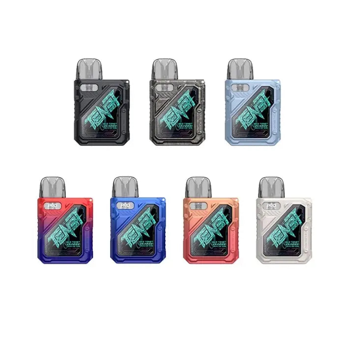 Collection of compact electronic vaping devices in various colors with digital displays.