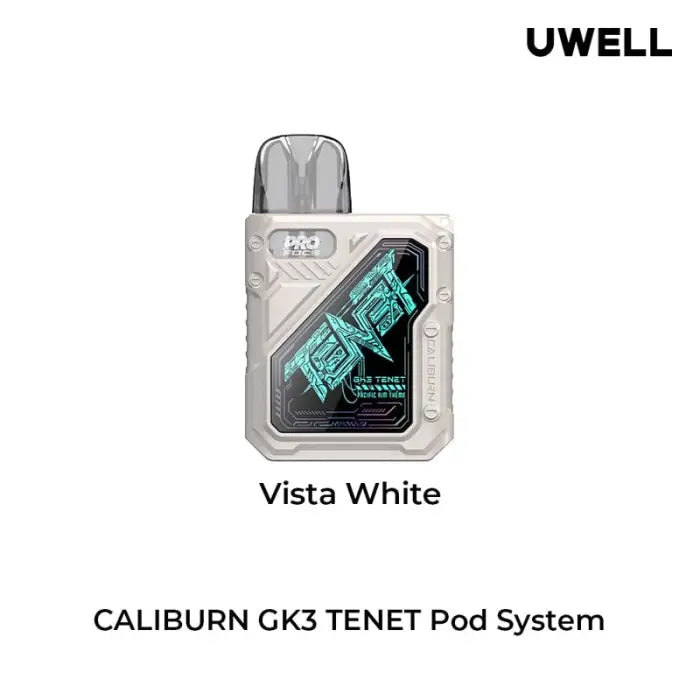 Compact white electronic vaping device with a digital display window.