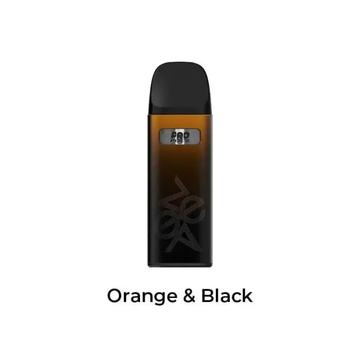 Sleek electronic vaping device with orange and black gradient design.