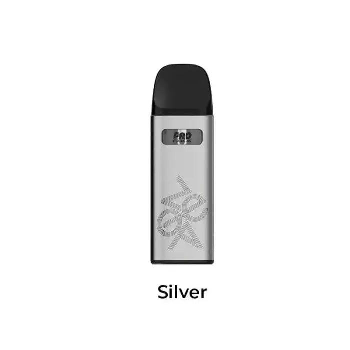 Sleek silver vaping device with a black mouthpiece and engraved design.