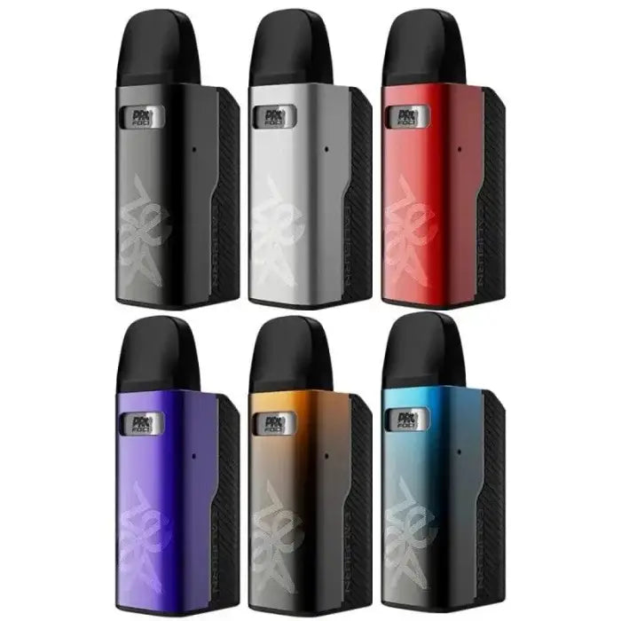 Set of six compact electronic vaping devices in different colors.