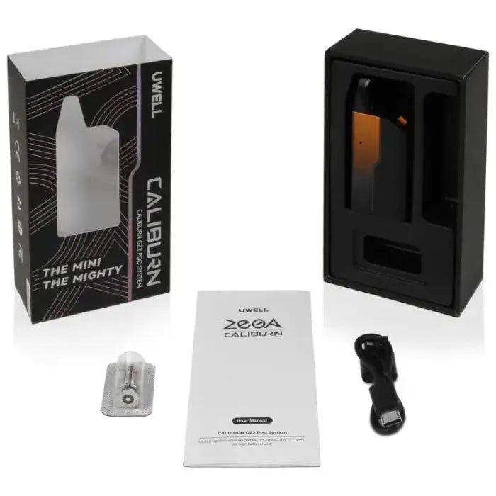 Vaporizer or e-cigarette device with its packaging and accessories.