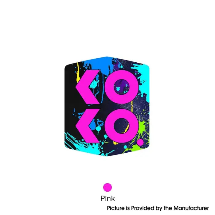 Colorful cube-shaped package with ’KOKO’ text in vibrant pink letters against a splattered paint design.