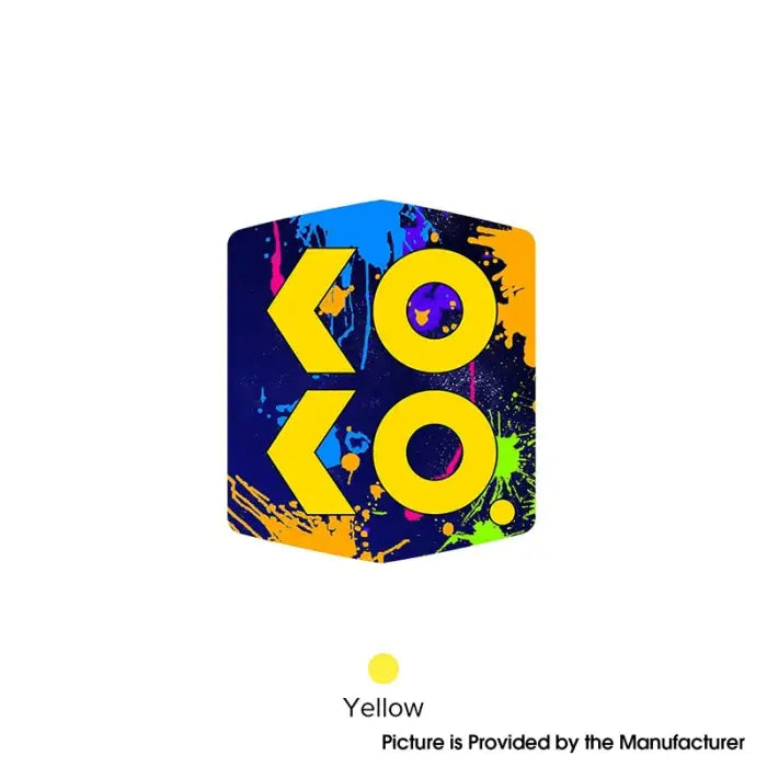 Colorful cube-shaped logo or design featuring the text ’KOKO’ in bold yellow letters against a vibrant, splattered background.