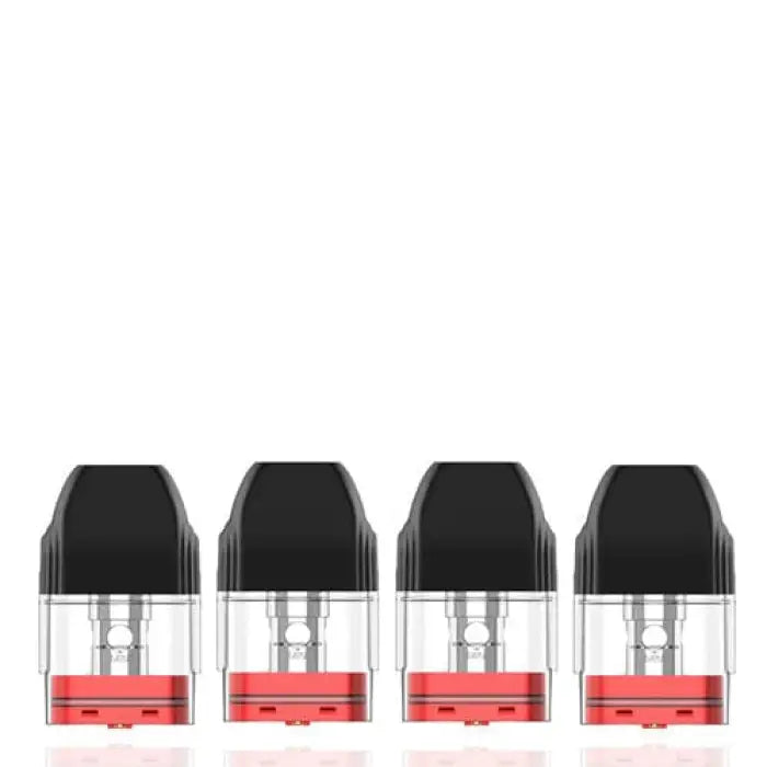 Four identical vape pods or e-cigarette cartridges with clear tanks and red bases.