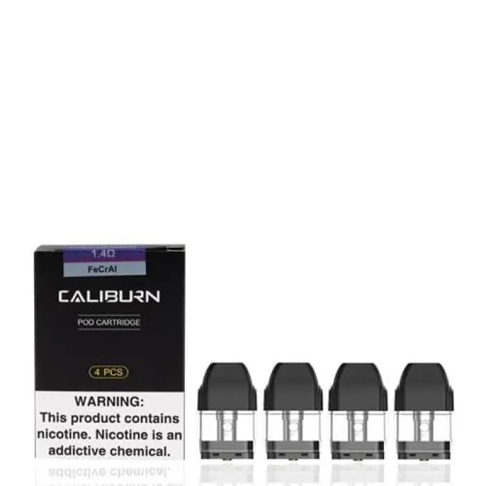 Caliburn pod cartridge package with four replacement pods displayed.