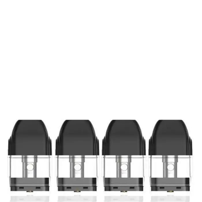 Four identical vape pods or e-cigarette cartridges lined up in a row.