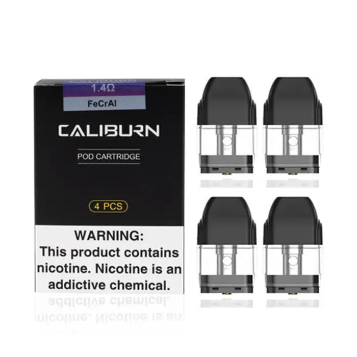 Pod cartridge pack for an electronic cigarette or vaping device, labeled ’CALIBURN’ with a nicotine warning.