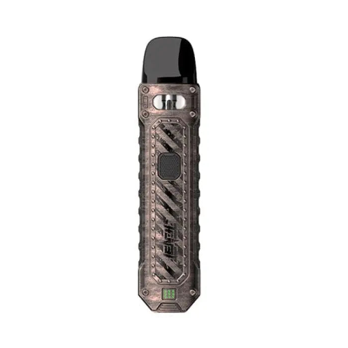 Rugged, metallic-looking electronic vaping device with a textured grip and digital display.