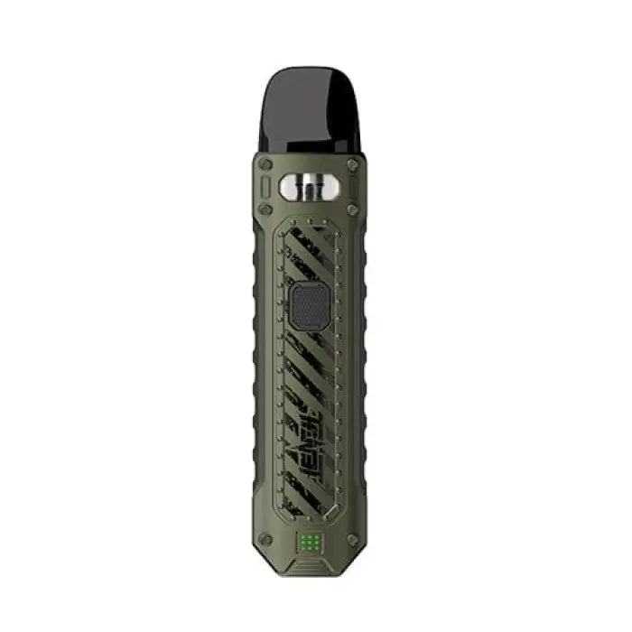 Olive green electronic vaping device with a textured exterior and visible cartridge window.