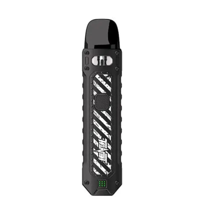 Black electronic vaping device with a textured grip and diagonal striped pattern.