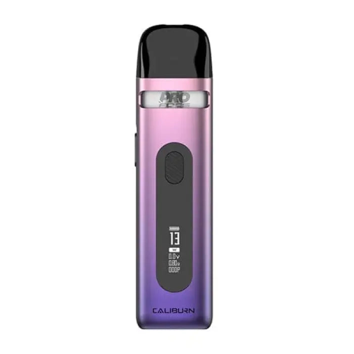 Sleek electronic vaping device with a gradient pink to purple body and digital display.