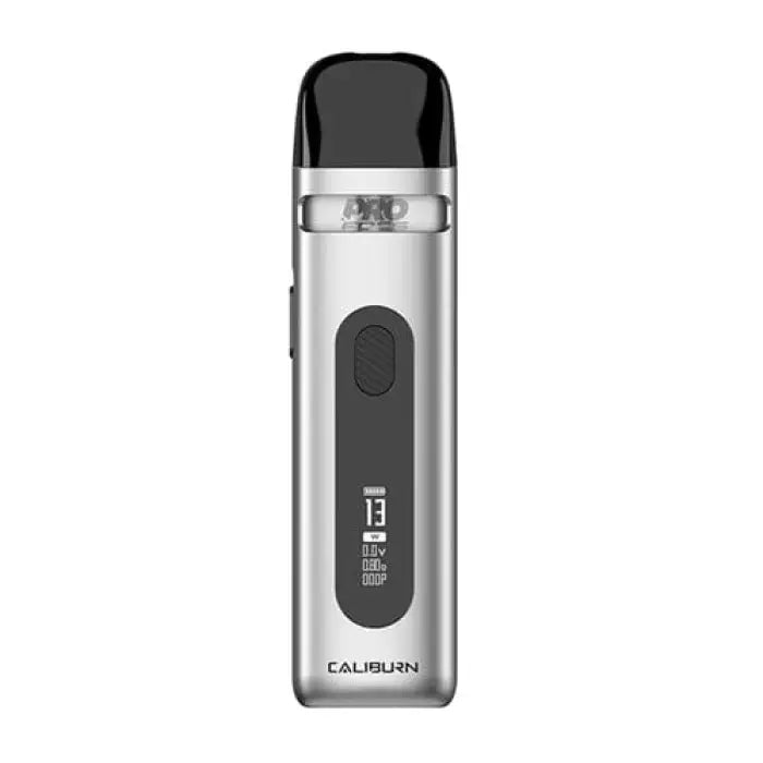 Sleek silver and black electronic vaping device with a digital display.