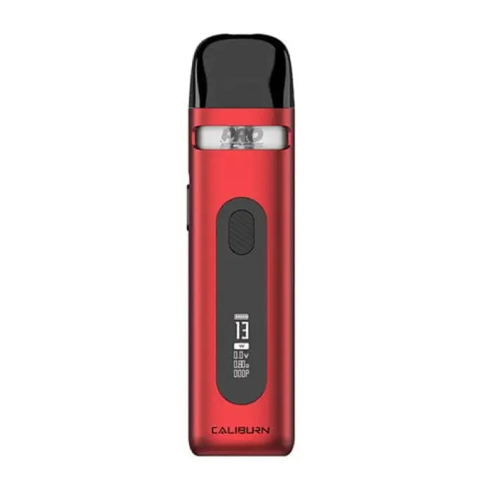 Red and black electronic vaping device with a digital display.