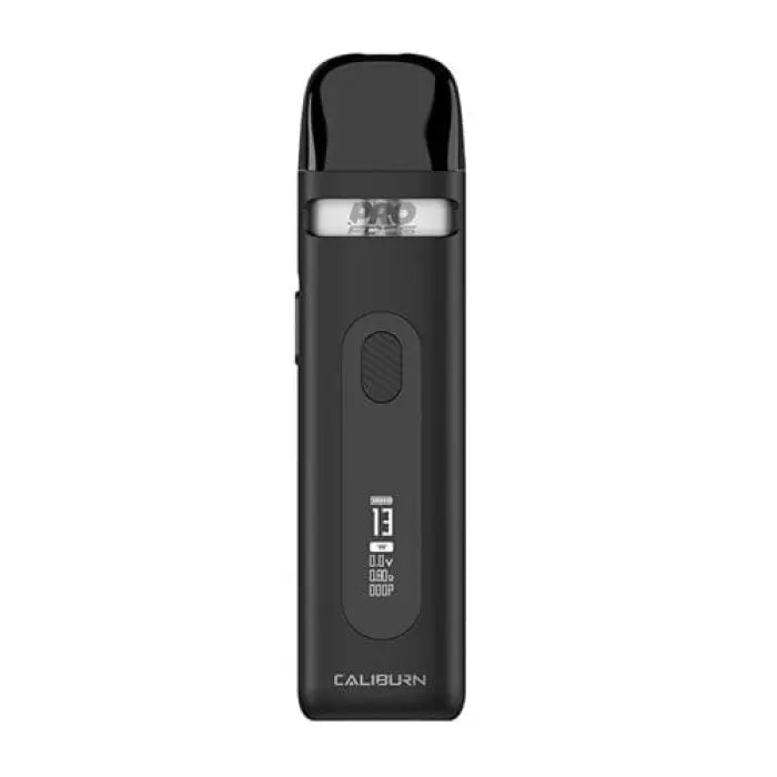 Sleek black electronic vaping device with a small display window.