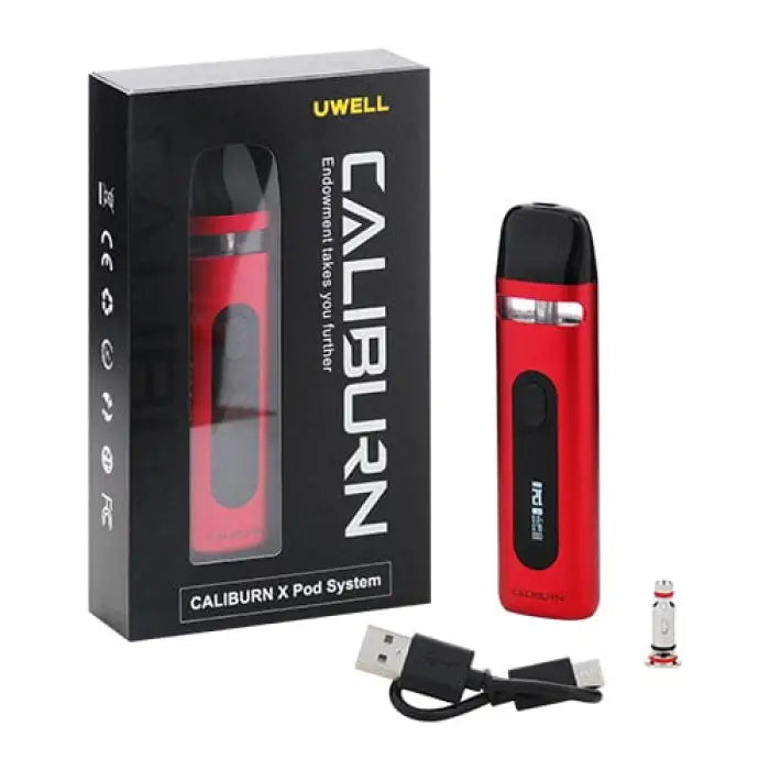 Electronic vaping device with red and black color scheme, shown with its packaging and USB charging cable.