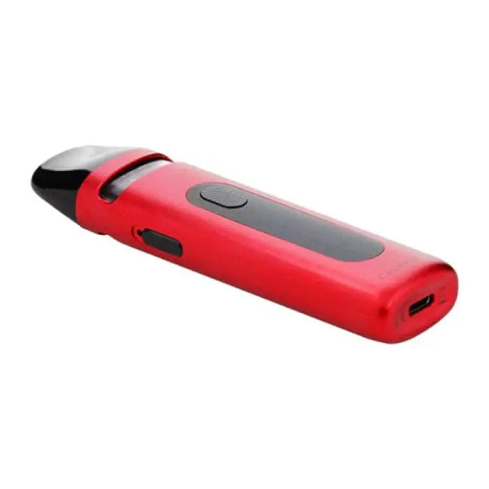 Red and black electronic vaping device or e-cigarette.