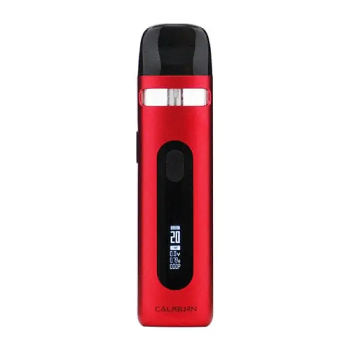 Red and black electronic vaping device with a digital display.