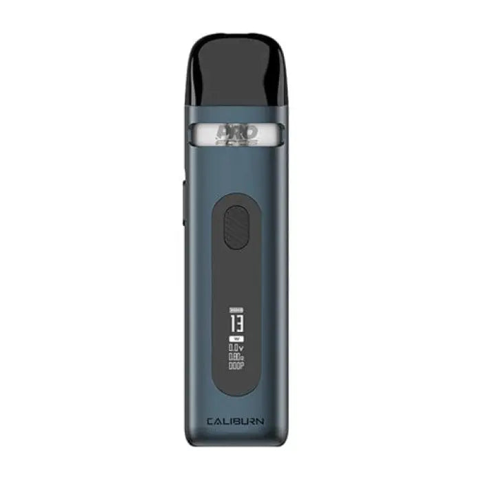 Sleek, blue-gray electronic vaping device with a black mouthpiece and small display screen.