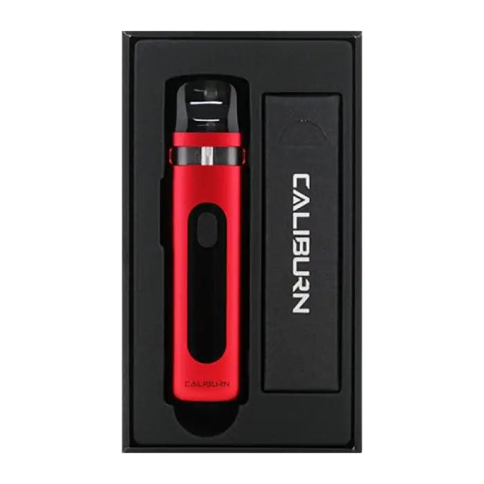 Red and black electronic vaping device or e-cigarette with ’Caliburn’ branding.