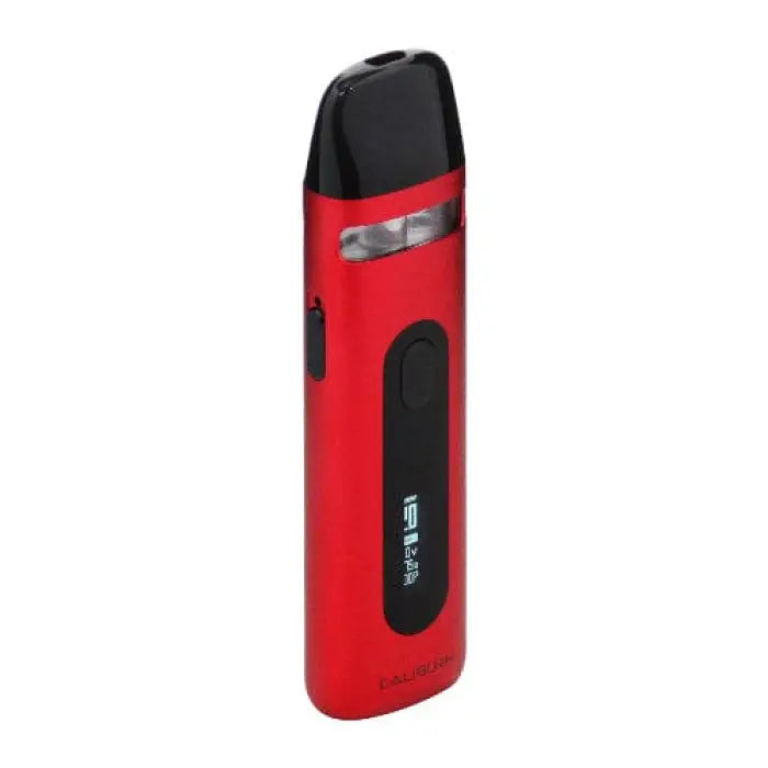 Red and black electronic vaping device or e-cigarette.