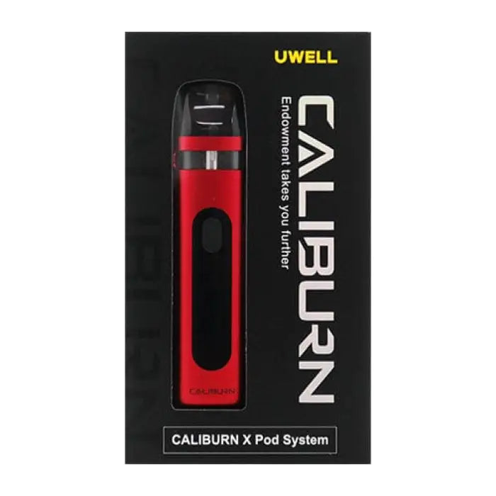 Red and black electronic vaping device called Uwell Caliburn.