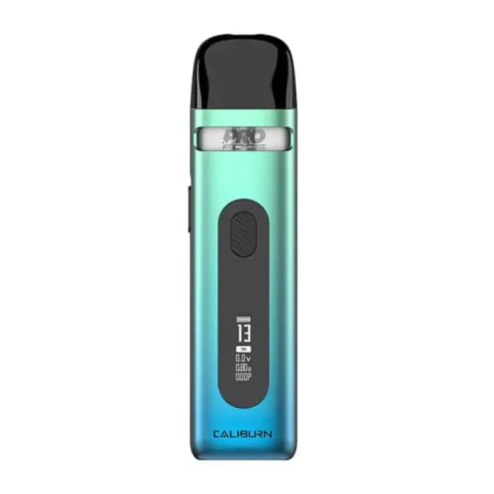 Teal and blue gradient vape pen or e-cigarette device with a digital display.