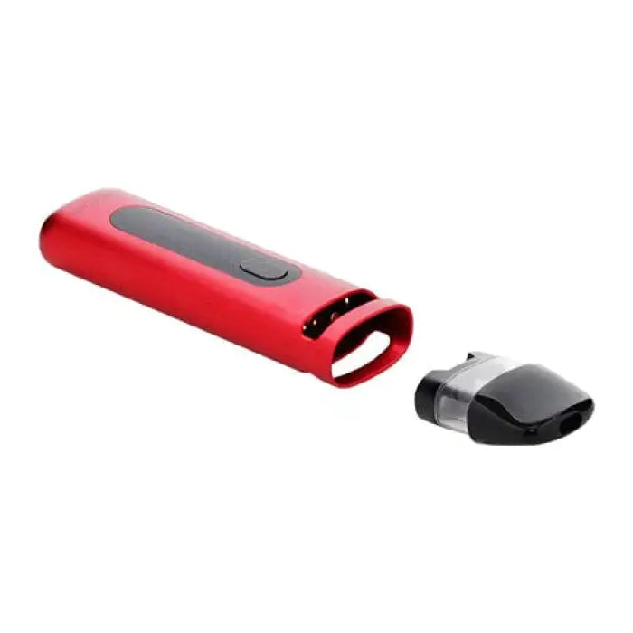 Red electronic vaping device with a detachable black mouthpiece.