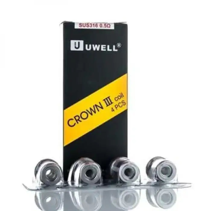 Uwell Crown III replacement coils in retail packaging with four visible coils.