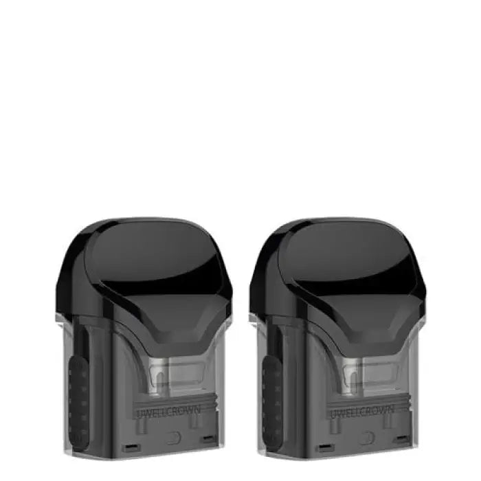 Two identical black electronic vaping pods or cartridges with clear windows.