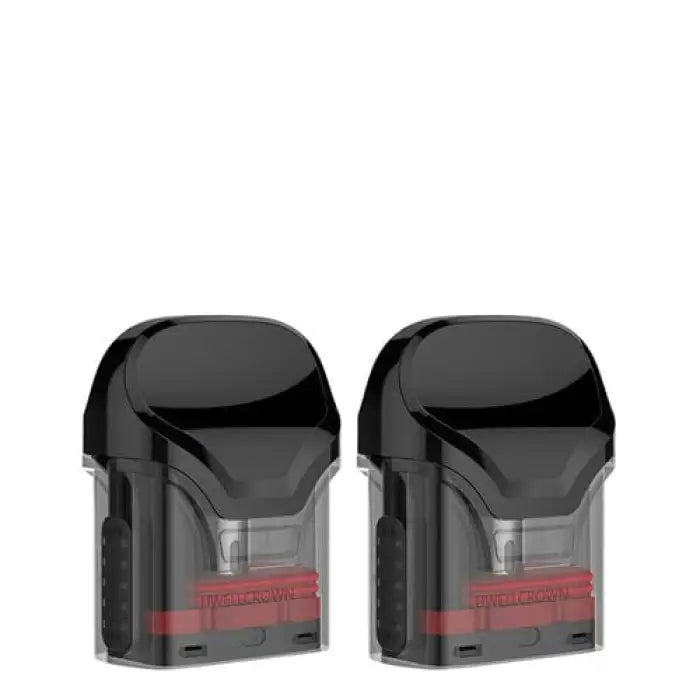 Two black and red electronic vaping pods or cartridges with transparent windows.