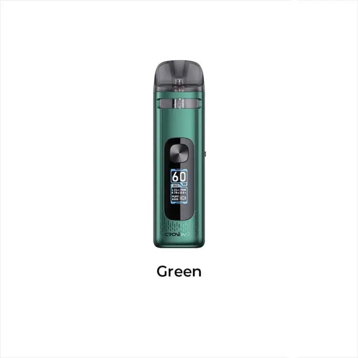 Sleek green electronic vaping device with a digital display.