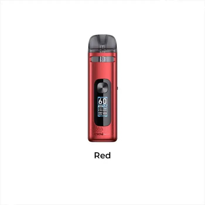 Red electronic vaping device with a digital display screen.