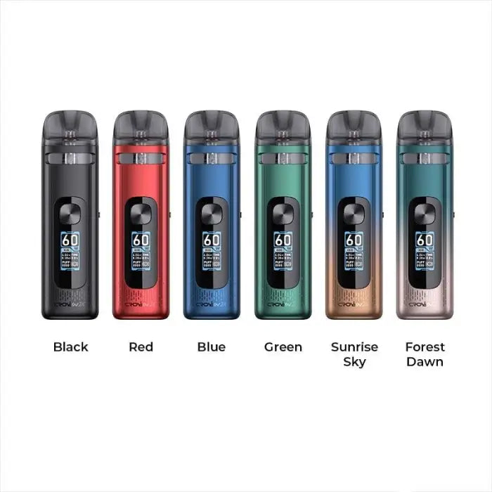 Electronic vaping devices in various colors with digital displays.