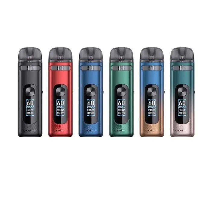 Set of colorful electronic vaping devices or e-cigarettes with digital displays.