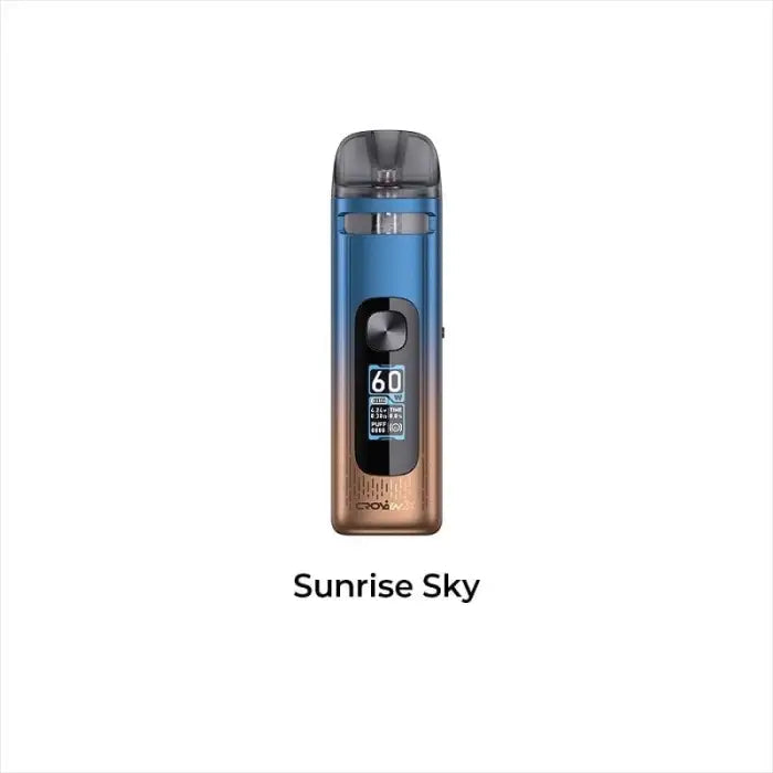 Vape device with a blue-to-copper gradient color scheme and digital display.