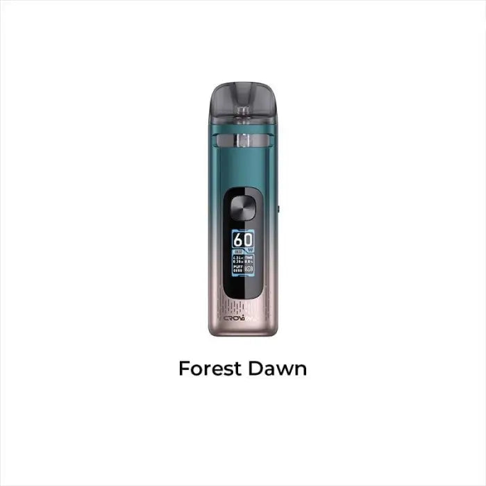 Sleek electronic vaping device with a gradient teal-to-silver color scheme and digital display.