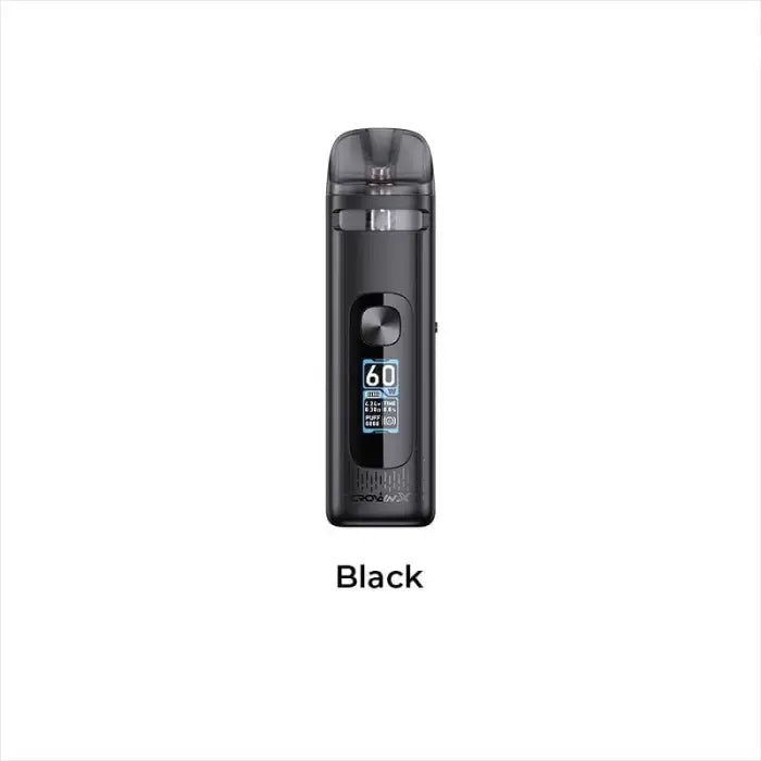 Black electronic vaping device with a digital display screen.