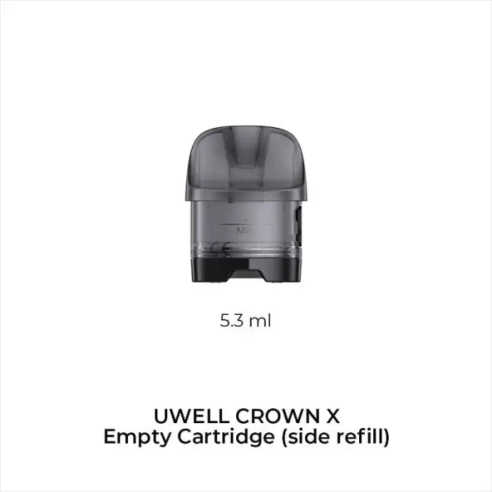 Transparent pod-like cartridge with a dark top cap labeled as an empty refill for UWELL CROWN X device.