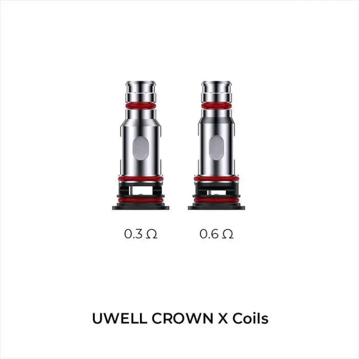 Two silver and red vaping coils labeled UWELL CROWN X with different resistance values.