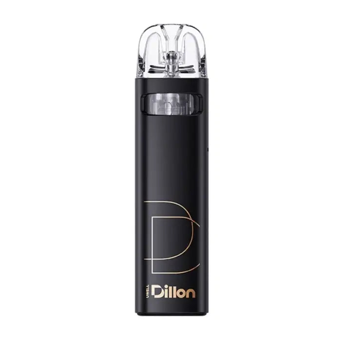 Black cylindrical vape device with a clear mouthpiece and ’Dillon’ branding.