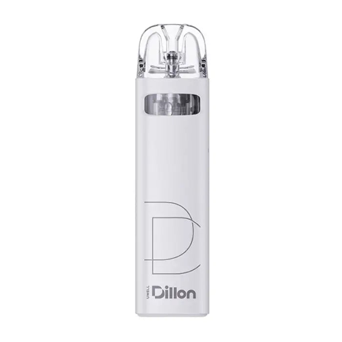 White cylindrical water bottle with a transparent cap and ’Dillon’ branding.