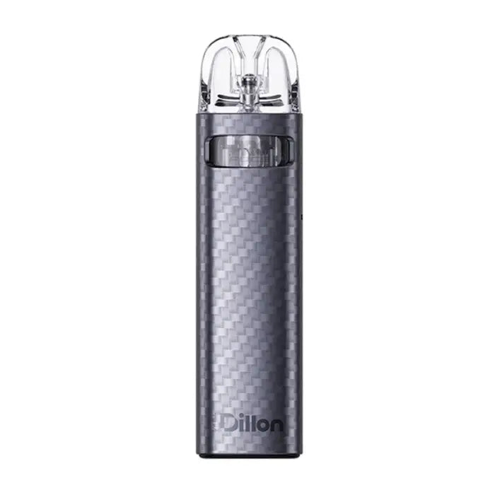 Sleek cylindrical vaping device with a transparent mouthpiece and textured metallic body.